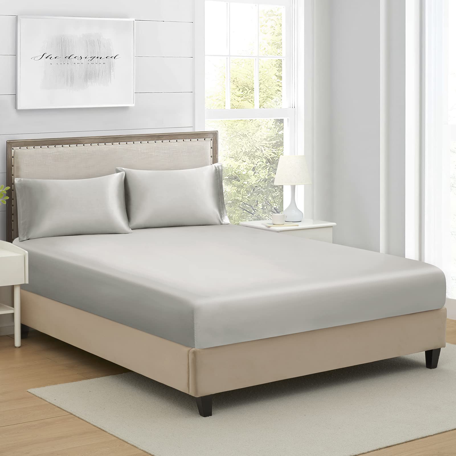 Lanest Housing California King Silk Satin Fitted Sheet, Soft Deep Pocket Single Bottom Bed Sheets Sold Separately, Wrinkle Free,